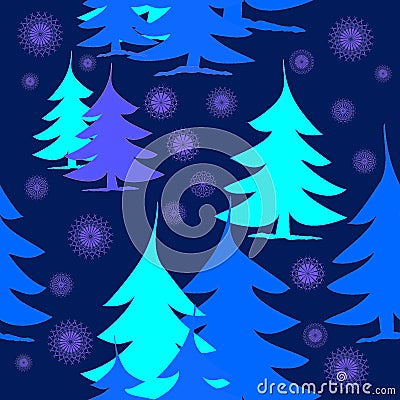Abstract fir trees blue turquoise purple on dark blue with purple snowflakes Stock Photo