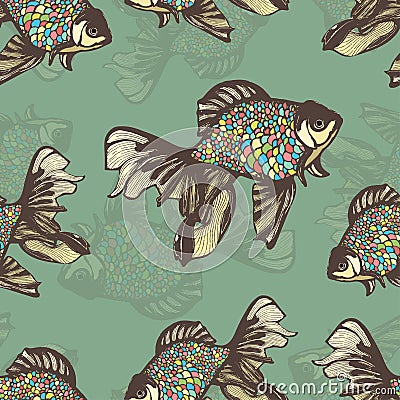 Abstract fish hand drawing seamless pattern, vector background. Decorative with motley multicolored scales on a green Vector Illustration