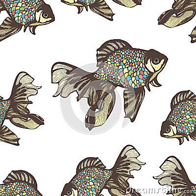 Abstract fish hand drawing seamless pattern, vector background. Decorative with motley multicolored scales on a white Vector Illustration