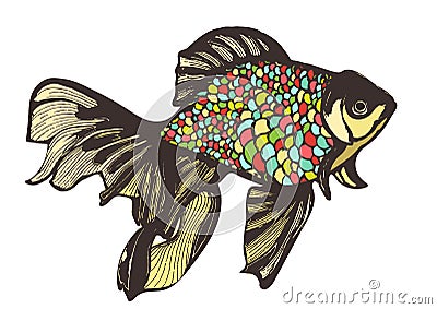 Abstract fish sketch, hand drawing, vector illustration. Decorative with motley multicolored scales. Handmade element Vector Illustration