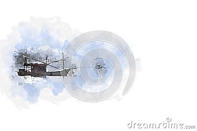 Abstract fishing boat in ocean on watercolor paining background Stock Photo