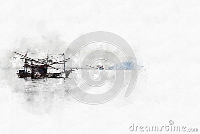 Abstract fishing boat in ocean on watercolor paining background Stock Photo