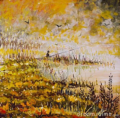 Abstract fishing oil painting. Fog on yellow lake. Orange grass, fishing in a dream. A fisherman with a long rod. Cartoon Illustration