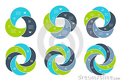 Abstract flat elements of cycle diagram with 3, 4, 5, 6, 7 and 8 steps, options, parts or processes. Vector business Vector Illustration