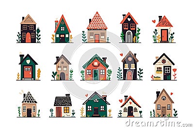 Abstract flat houses. Cute city neighborhood houses with roofs and windows, minimal residential real estate with floral Vector Illustration