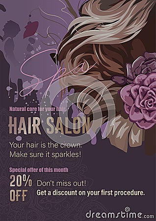 Abstract flayer for a beauty salon with curly hair and flowers. Vector Illustration
