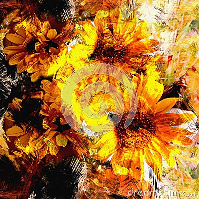 Abstract floral background with stylized bouquet of sunflowers on grunge striped and stained backdrop Stock Photo