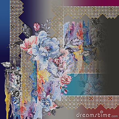 abstract floral colorful silk scarf design Stock Photo