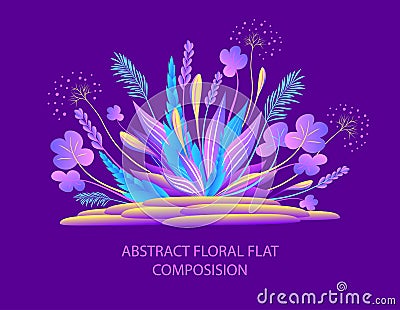 Abstract floral flat composition with plants and stones in bright colors Vector Illustration