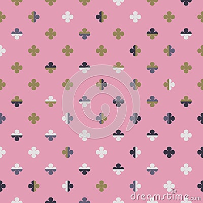 Seamless pattern of colourful four leaf clover symbols. The elements create chequered texture on happy pink background. Vector Illustration