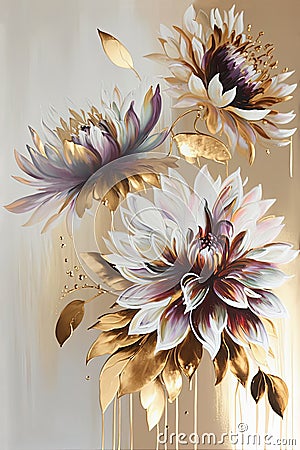 Abstract floral oil painting. Gold dahlia flowers on white background. Generative AI Stock Photo