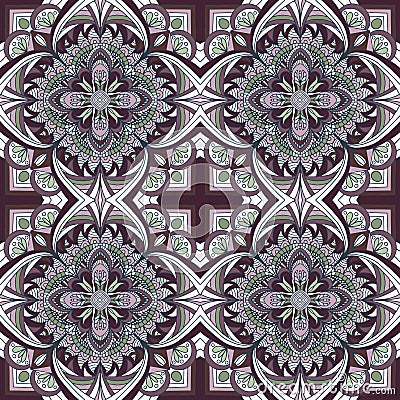 Abstract floral ornament drawn in dark violet and green colors with white, mandala, vector, seamless pattern Vector Illustration