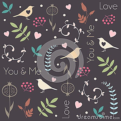 Abstract floral pattern with birds, hearts, leaves of trees, flowers and berries. Romantic seamless vector pattern for Valentine's Vector Illustration