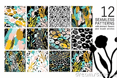 Abstract floral seamless pattern with trendy hand drawn textures. Vector Illustration