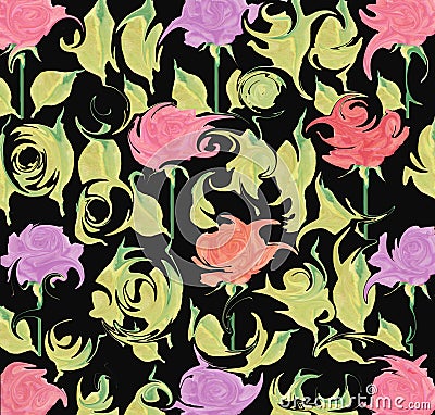 Abstract floral swirls colorful seamless design on a black background Stock Photo