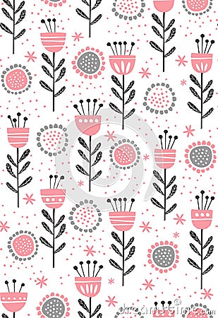 Abstract Floral Vector Pattern. Cute Pink and Grey Flowers and Twigs. Infantile Design on a White Background. Vector Illustration