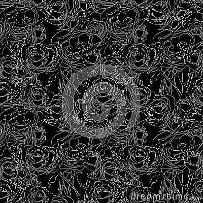 Abstract floral vector seamless pattern with white contours of rose flowers on black background Vector Illustration