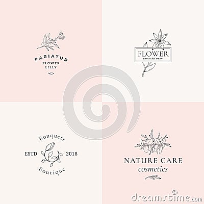 Abstract Floral Vector Signs or Logo Templates Set. Retro Feminine Illustration with Classy Typography. Premium Flower Vector Illustration