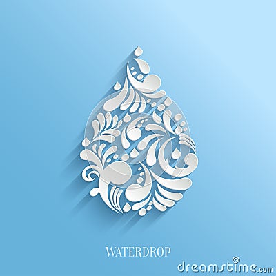 Abstract Floral Water Drop on Blue Background. Vector Illustration