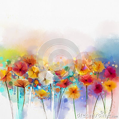 Abstract floral watercolor painting. Hand paint White, Yellow, Pink and Red color of daisy- gerbera flowers Stock Photo