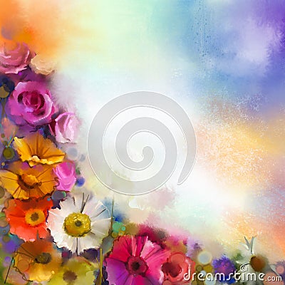 Abstract floral watercolor painting. Hand paint White, Yellow, Pink and Red color of daisy- gerbera and rose flowers Stock Photo