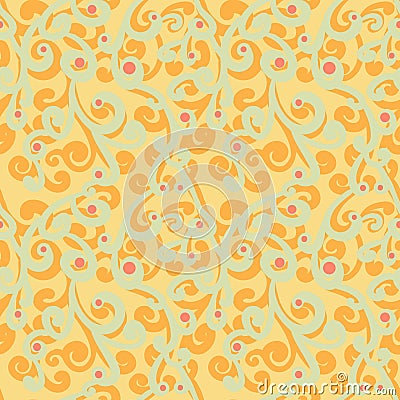 Abstract flourish seamless pattern. Gorgeous repeating background with orange and grayish green curls and red dots. Vector Vector Illustration