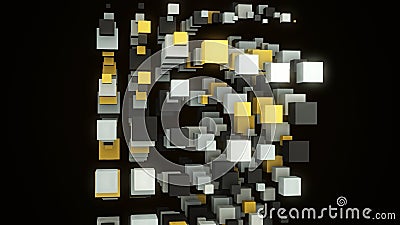 Abstract flow of yellow, grey, and white 3D same size cubes isolated on black background. Animation. Colorful cubes Stock Photo