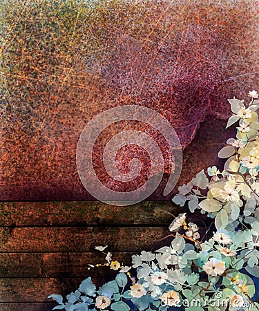 Abstract flower watercolor painting. Hand painted Ivy flowers and leaf on wall and wood fence grunge texture background Stock Photo