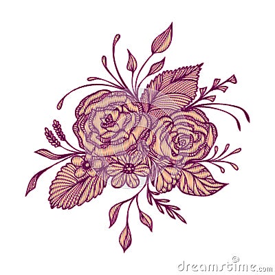 Abstract flowers bouquet with embroidery handmade effect in burgundy pink on white Vector Illustration