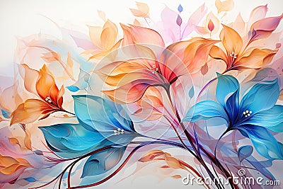 Abstract flowers painting decorative background. Art design art illustration. Orange and blue colors Cartoon Illustration