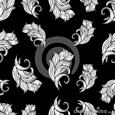 Abstract flowers and plants seamless pattern, vector black white background, monochrome. Natural stylized ornament. Hand drawing Vector Illustration