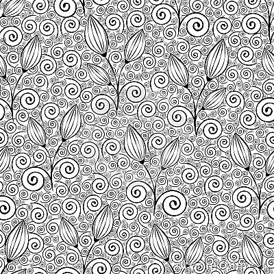 Abstract flowers seamless pattern, black and white outline hand drawing, linear stylized illustration, vector monochrome backgroun Vector Illustration