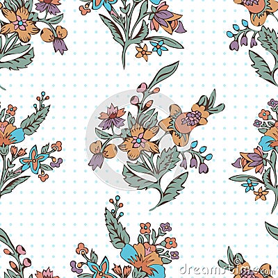 Abstract flowers seamless pattern, floral vector background. Fantasy multicolored and polka dot. For the design of the Vector Illustration