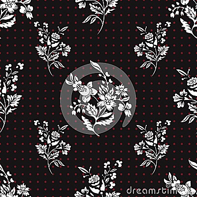 Abstract flowers seamless pattern, floral vector background. Fantasy white on black and red polka dot. For the design Vector Illustration