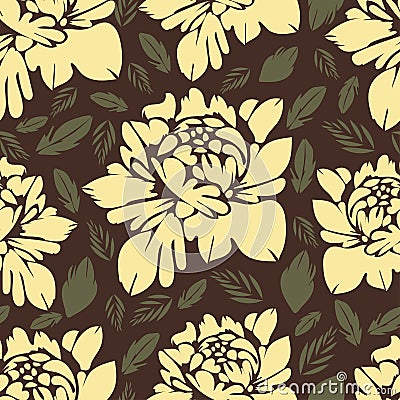 Abstract flowers seamless pattern. Vintage floral background. Yellow buds and leaves on a brown . For the fabric design, wallpaper Vector Illustration