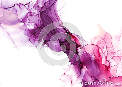 Abstract fluid art painting. Transparent overlayers of alcohol inks of purple and maroon ombre colors. Stock Photo