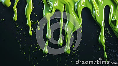 An abstract fluid art piece featuring neon green swirls on a black background. Stock Photo