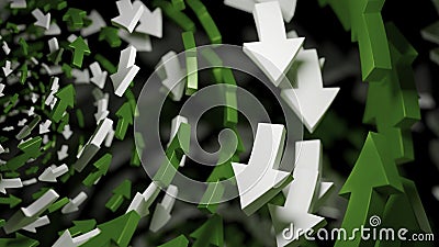 Abstract flying arrows animation. Deign. 3D colorful arrows creating effect of swirl. Stock Photo