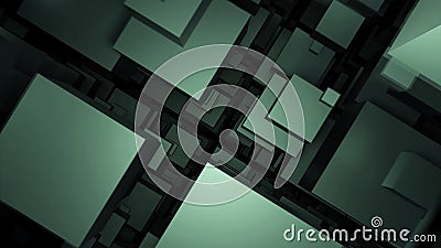 Abstract flying 3D turquoise cubes. Design. Green boxes big and small, construction background. Stock Photo