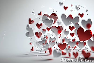 Abstract flying hearts, romantic pink symbols scattered to show love. Blurred background. Generated AI. Stock Photo