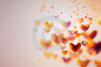 Abstract flying hearts, romantic pink symbols scattered to show love. Blurred background. Generated AI. Stock Photo