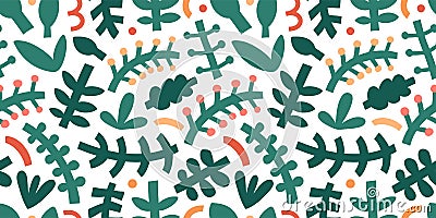 Abstract foliage pattern. Bold contemporary abstraction shapes and doodles, various leaves and branches, trendy modern Vector Illustration