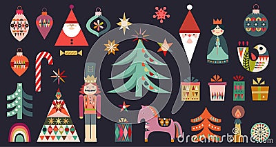Abstract folk Christmas elements in flat style, geometric shape Vector Illustration