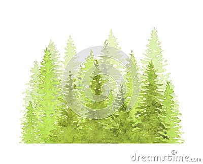 Abstract forest, silhouette of trees. Green forest, countryside landscape. Watercolor group of trees - fir, pine, cedar, fir-tree. Stock Photo