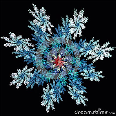 Abstract fractal art blue symmetric snow flake red center Stock Photo