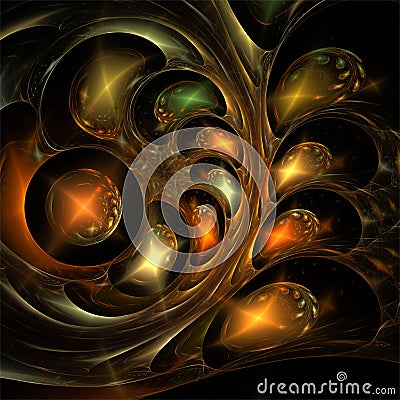 Abstract fractal art mystic delicate glass red gold silver bubbles dark background Stock Photo