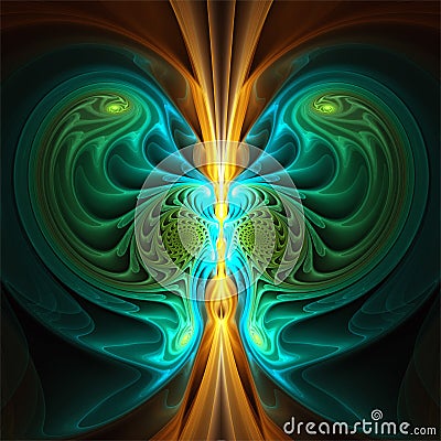 Abstract fractal art symmetric mysterious yellow cyan green shape Stock Photo