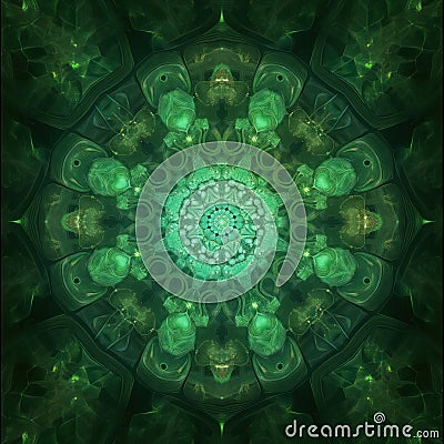 Abstract fractal backdrop with vibrant green kaleidoscope pattern. Geometric shapes, lines, colors intersect to create dynamic, Stock Photo