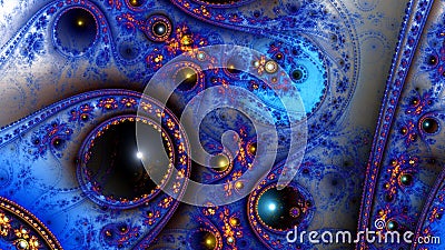 Abstract fractal background made out of interconnected rings, beams,balls and stars with an intricate decorative pattern Stock Photo