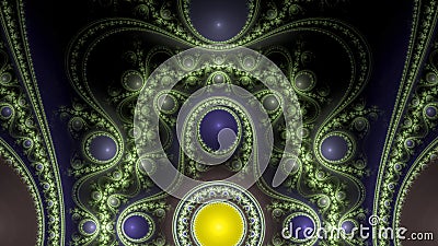 Abstract fractal background made out of modern looking intricate glowing pattern of connected rings, circles, arches and waves Stock Photo